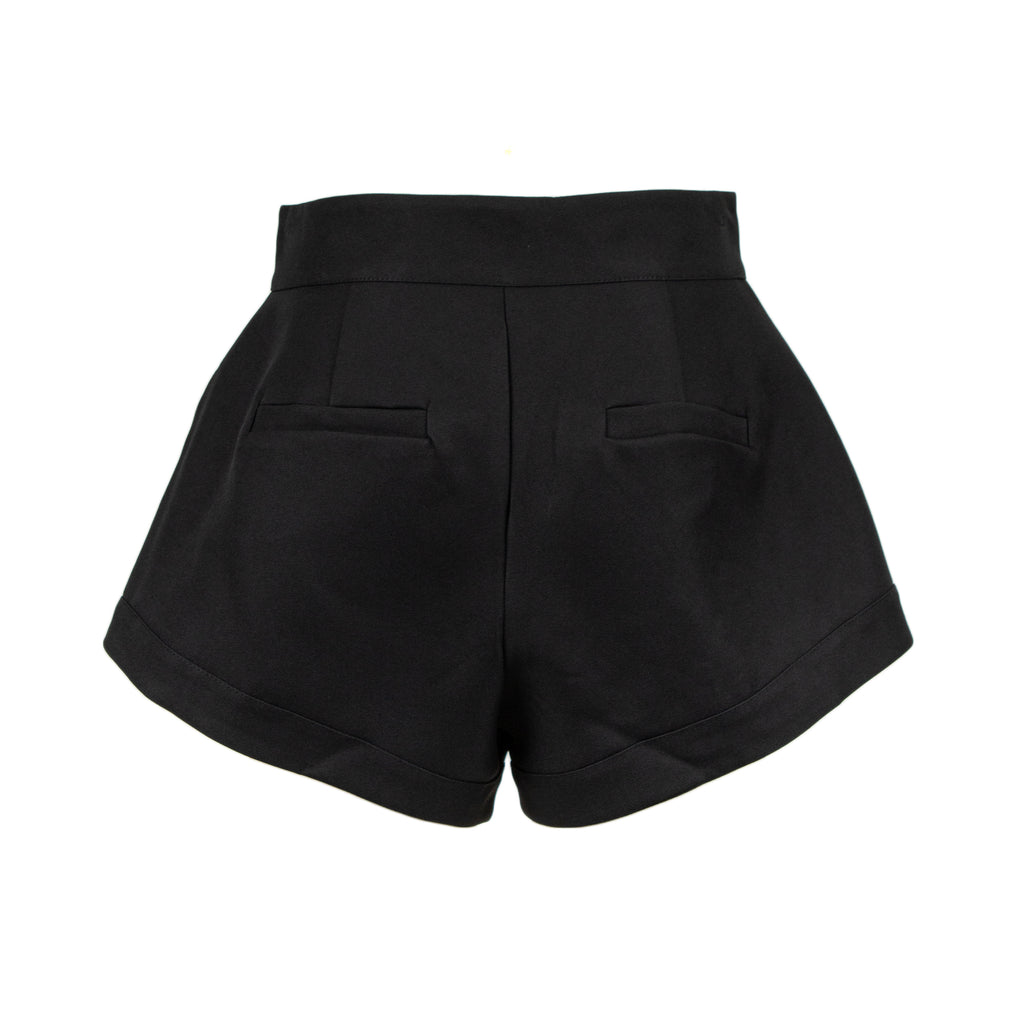 Black high-waisted shorts with a structured silhouette, wide legs, and two welt pockets on the back, shown against a plain white background.