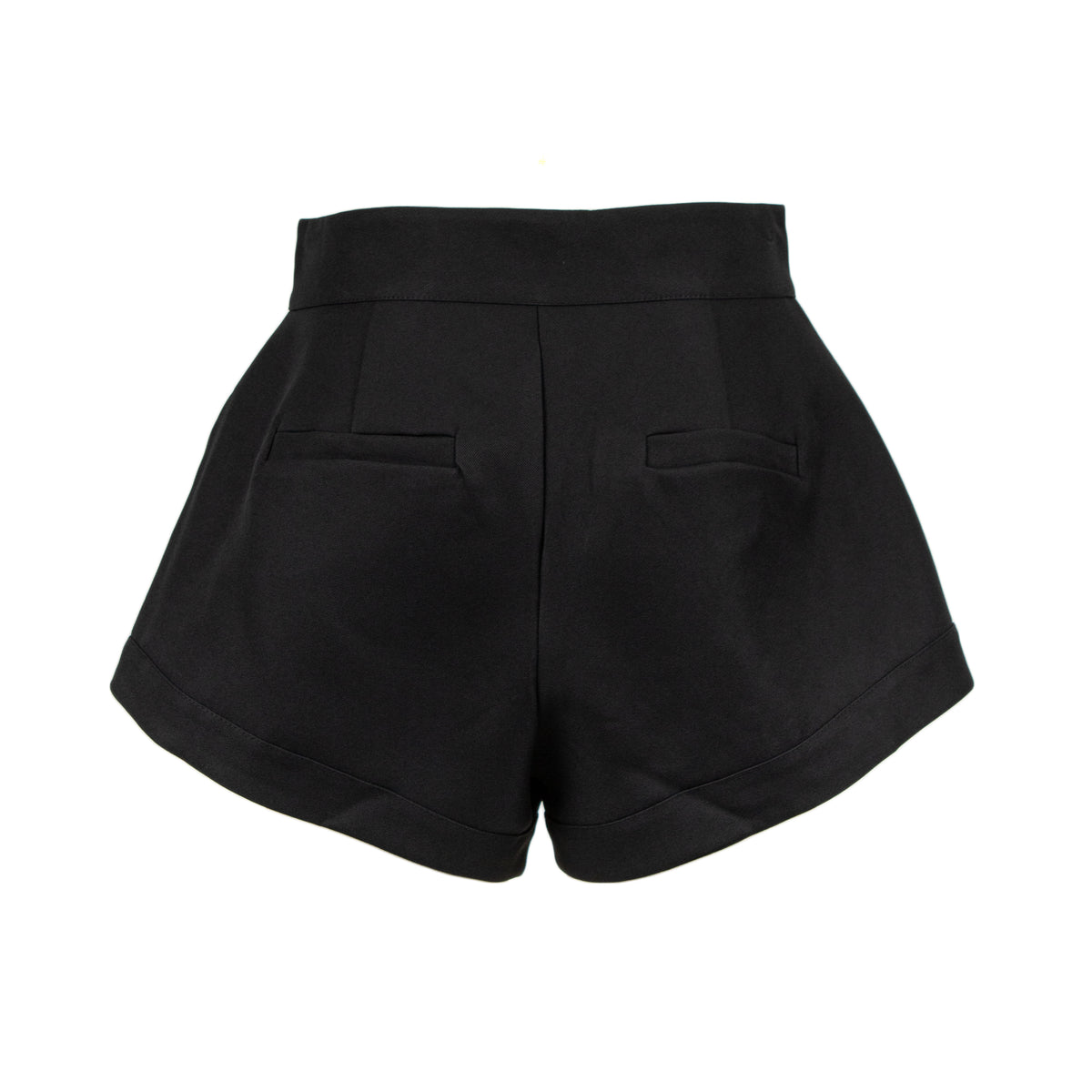 Black high-waisted shorts with a structured silhouette, wide legs, and two welt pockets on the back, shown against a plain white background.