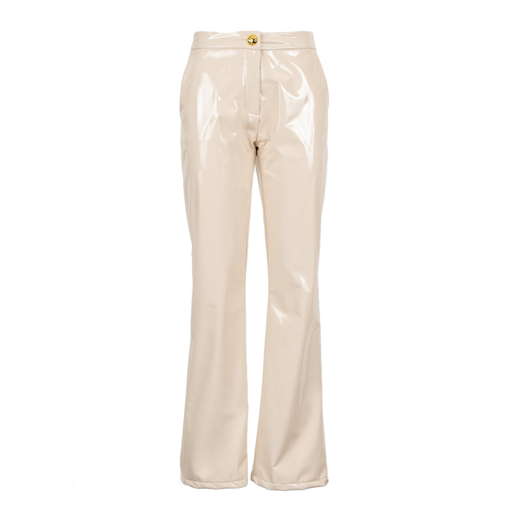 Odi Odi Mango Trousers in glossy cream with flared legs, a gold-tone waist button and front zip fastening, front view.
