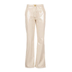 Odi Odi Mango Trousers in glossy cream with flared legs, a gold-tone waist button and front zip fastening, front view.