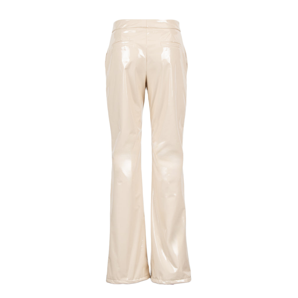 Odi Odi Mango Trousers in glossy cream with flared legs and two welt back pockets, rear view.