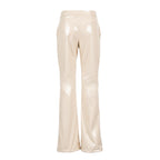 Odi Odi Mango Trousers in glossy cream with flared legs and two welt back pockets, rear view.