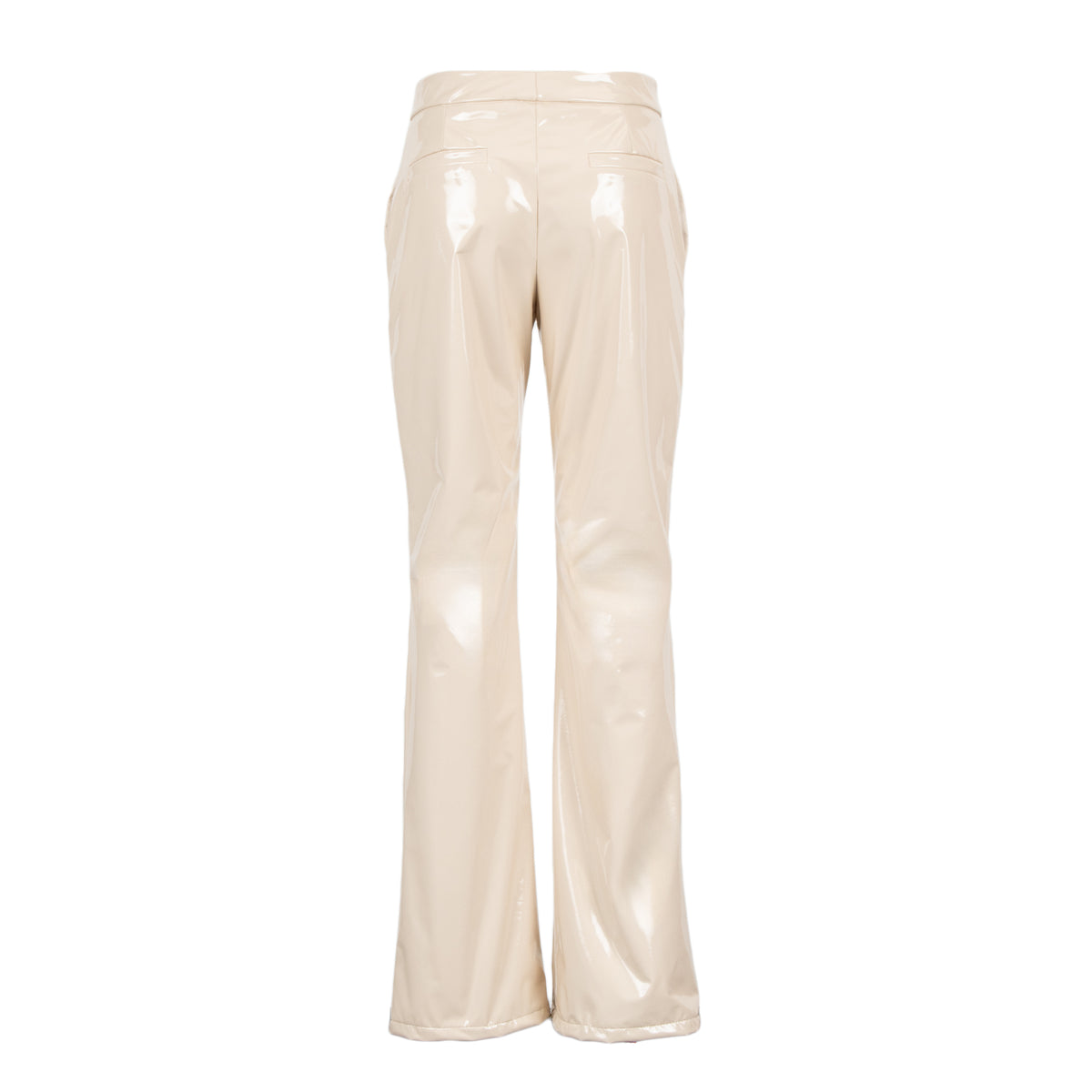 Odi Odi Mango Trousers in glossy cream with flared legs and two welt back pockets, rear view.