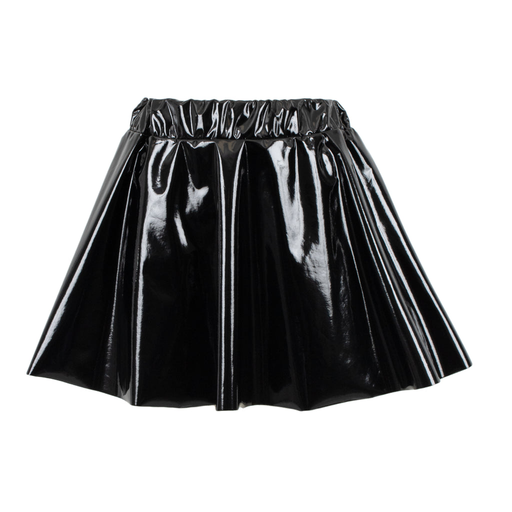 A shiny black pleated mini skirt with an elastic waistband, shown against a plain white background.