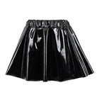 A shiny black pleated mini skirt with an elastic waistband, shown against a plain white background.
