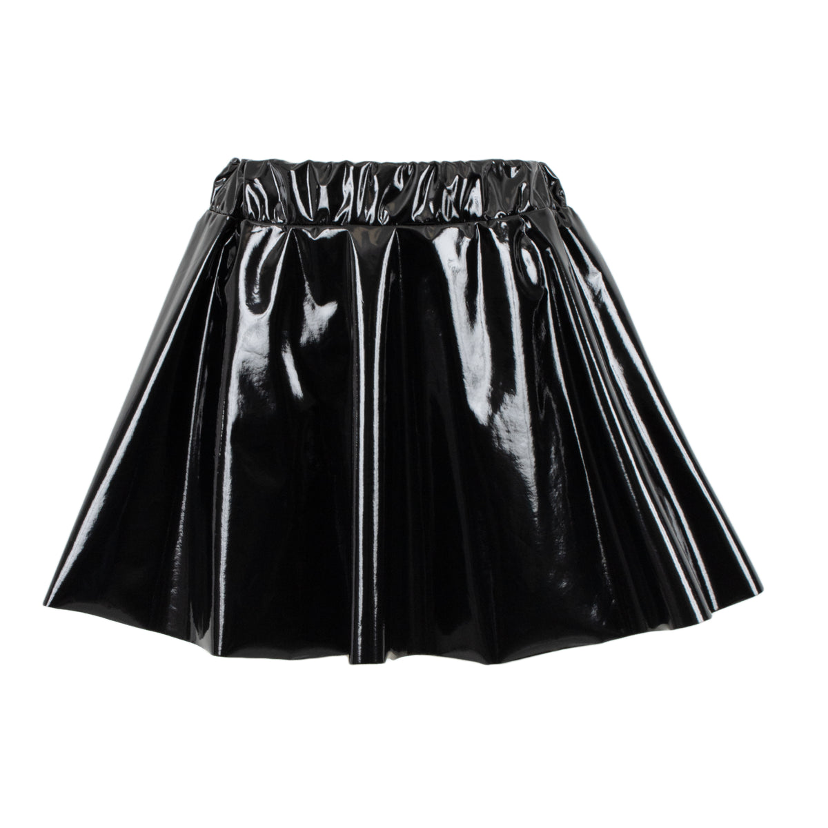 A shiny black pleated mini skirt with an elastic waistband, shown against a plain white background.