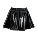 A shiny black pleated mini skirt with an elastic waistband, shown against a plain white background.