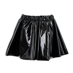 A shiny black pleated mini skirt with an elastic waistband, shown against a plain white background.