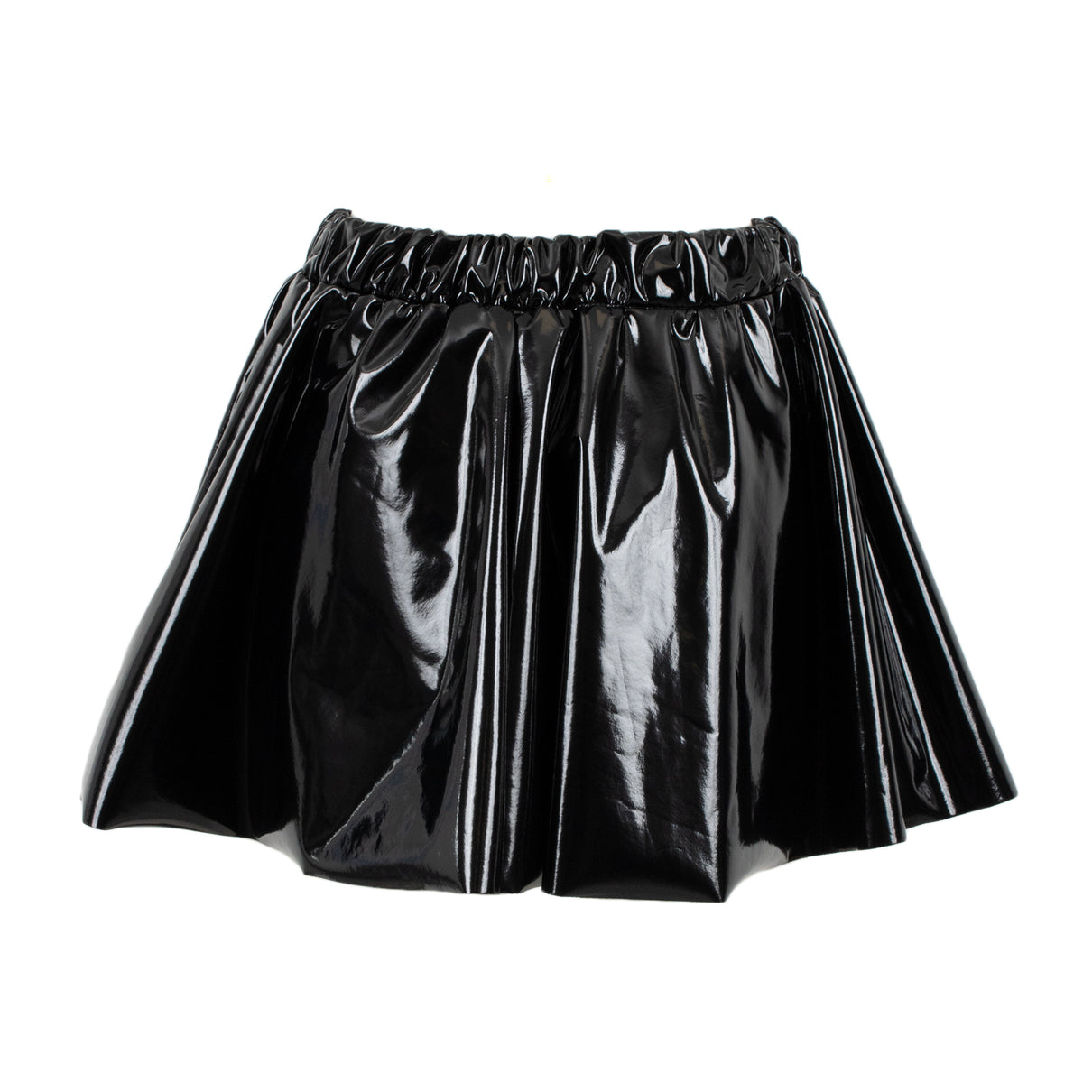 A shiny black pleated mini skirt with an elastic waistband, shown against a plain white background.
