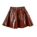 A shiny brown faux-leather mini skirt with an elastic waistband, shown against a plain white background.