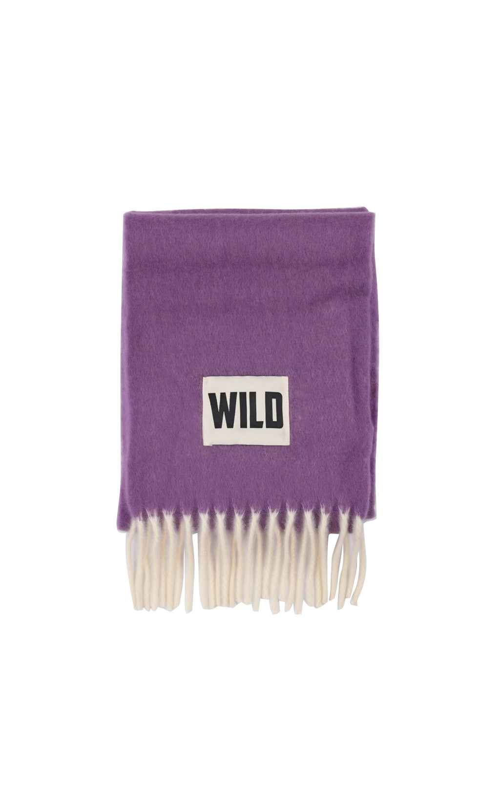 A purple knit scarf with cream-colored fringe and a white rectangular patch featuring the black text 'WILD'.