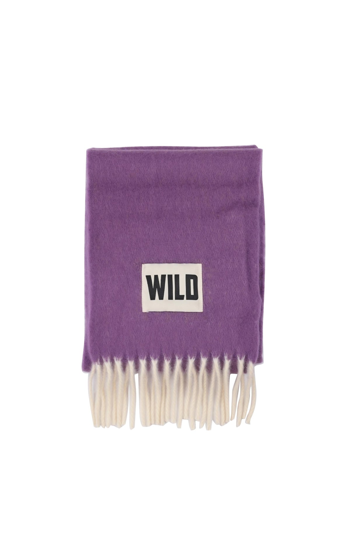 A purple knit scarf with cream-colored fringe and a white rectangular patch featuring the black text 'WILD'.
