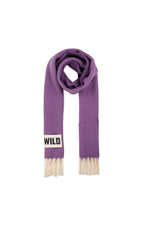 A purple knit scarf with cream-colored fringe ends and a white rectangular patch featuring the black text 'WILD'.