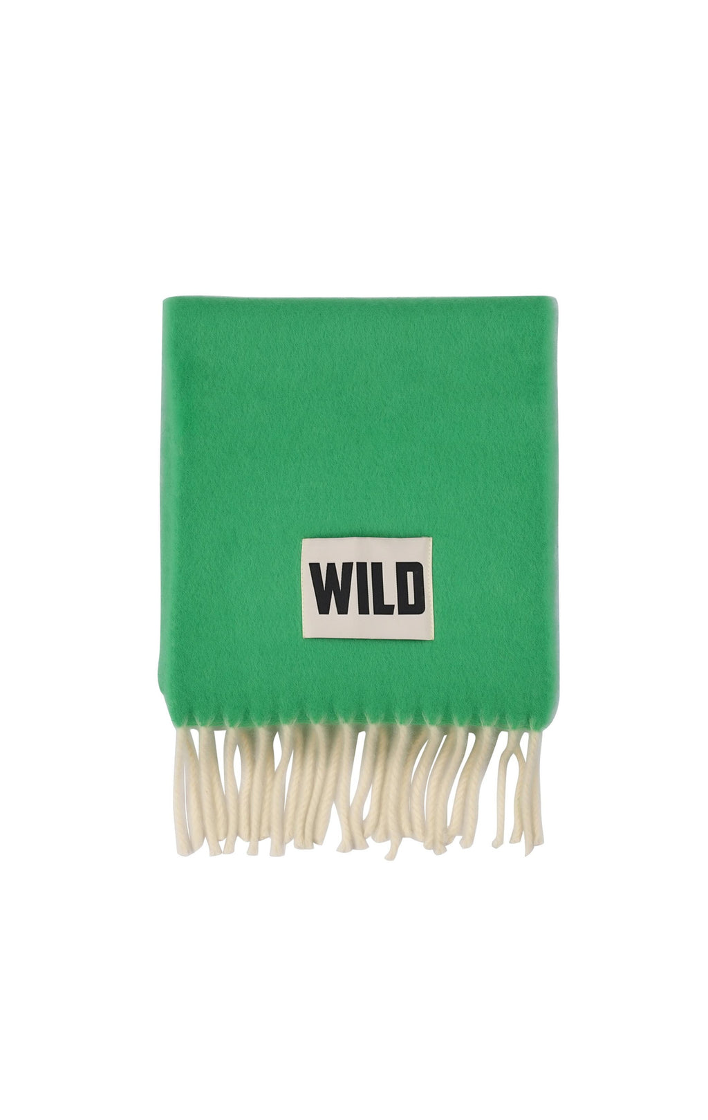 A bright green knit scarf with cream-colored fringe and a white rectangular patch featuring the black text 'WILD'.