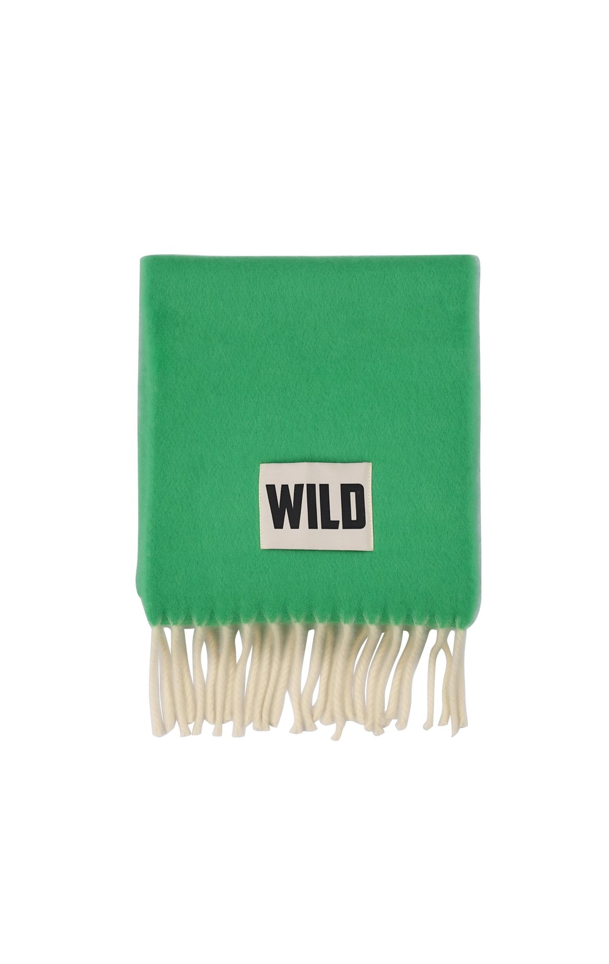 A bright green knit scarf with cream-colored fringe and a white rectangular patch featuring the black text 'WILD'.