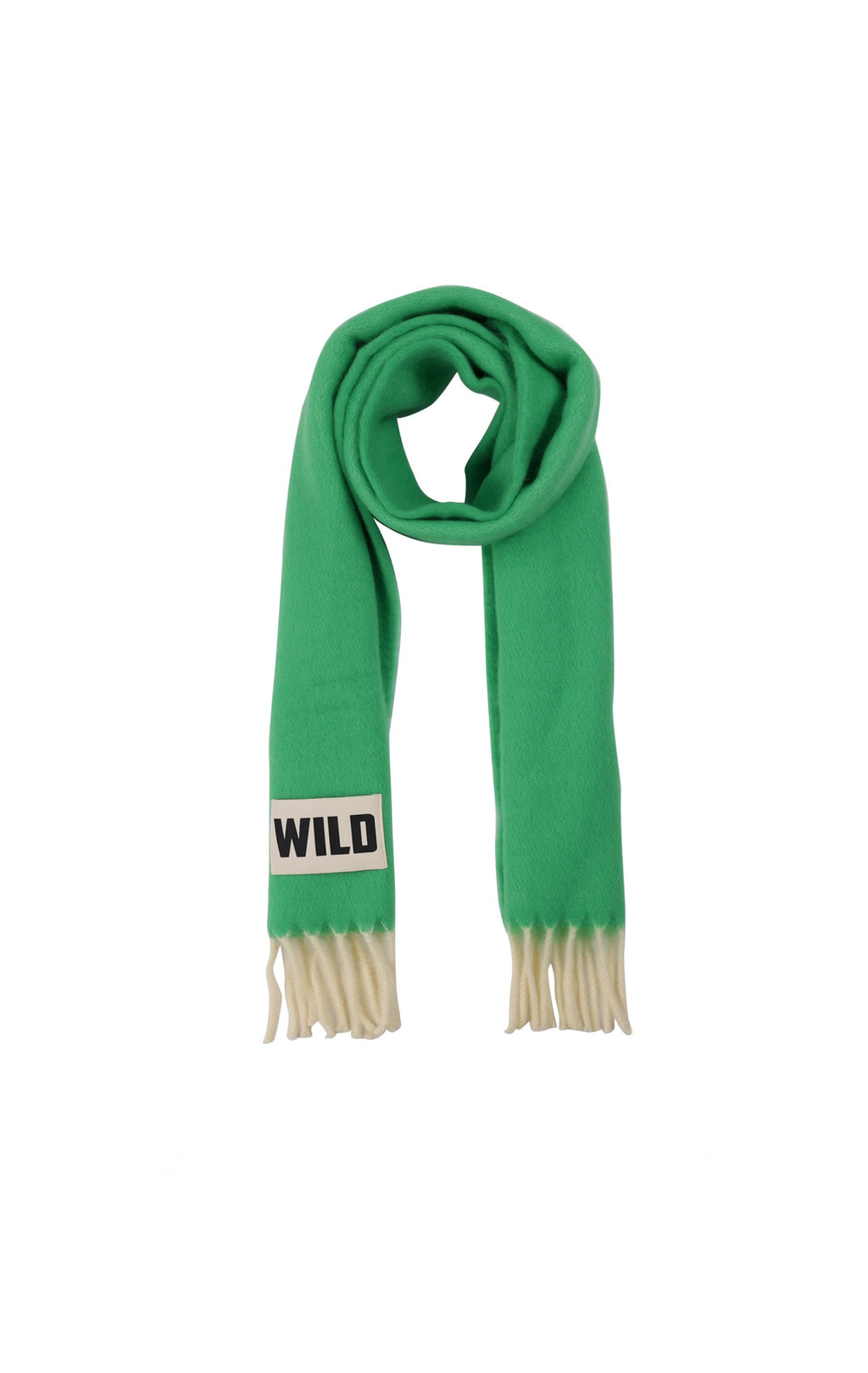 A bright green knit scarf with cream-colored fringed ends and a white rectangular patch near one end featuring the word 'WILD' in black text, shown on a plain white background.
