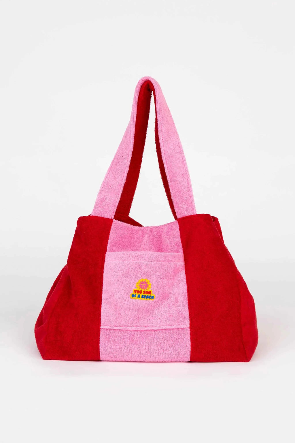 Red and pink tote bag with a logo on a white background