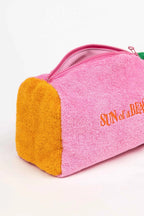 Pink and orange pouch with 'Sun of a Beach' text on a white background