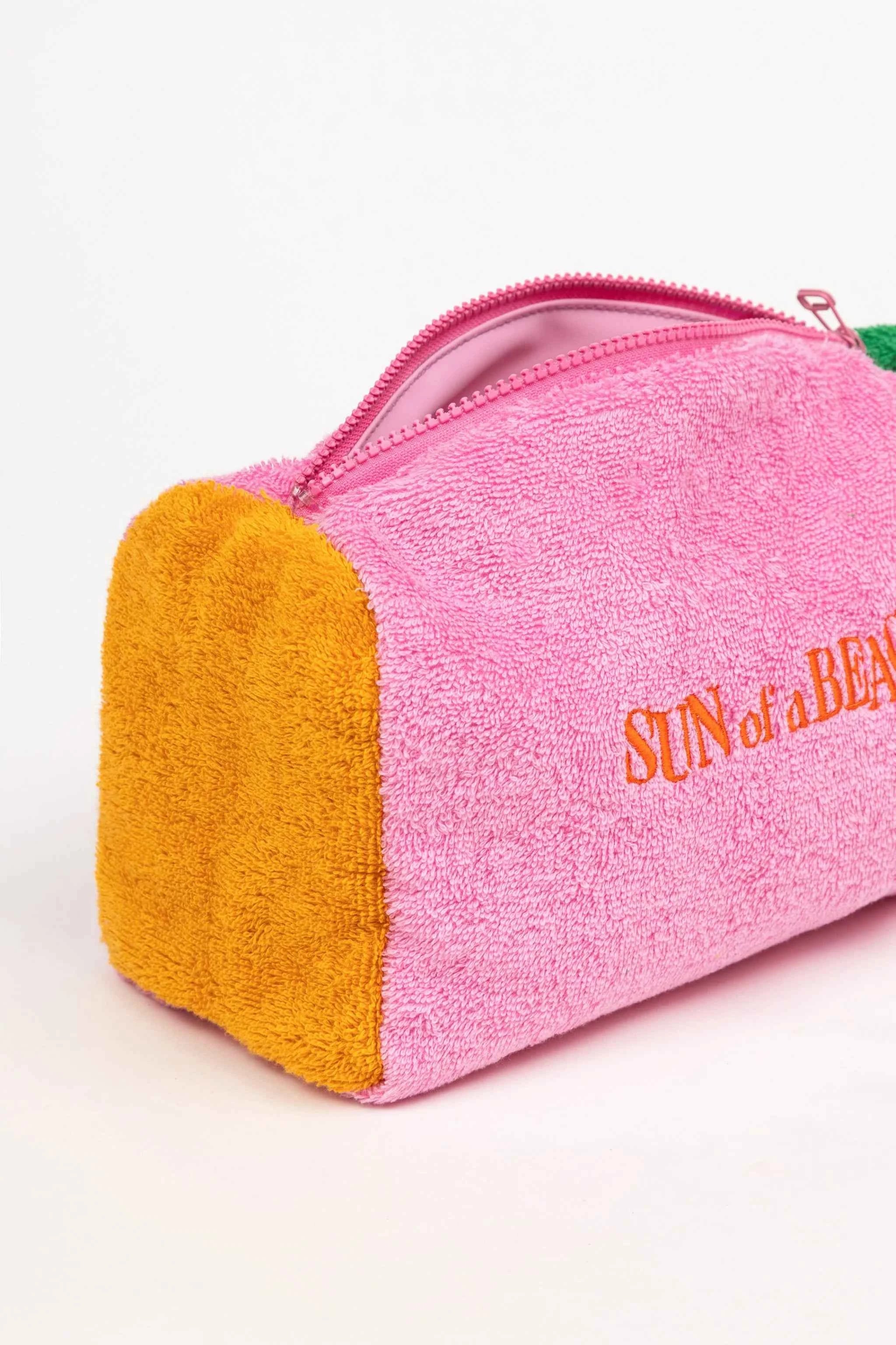 Pink and orange pouch with 'Sun of a Beach' text on a white background