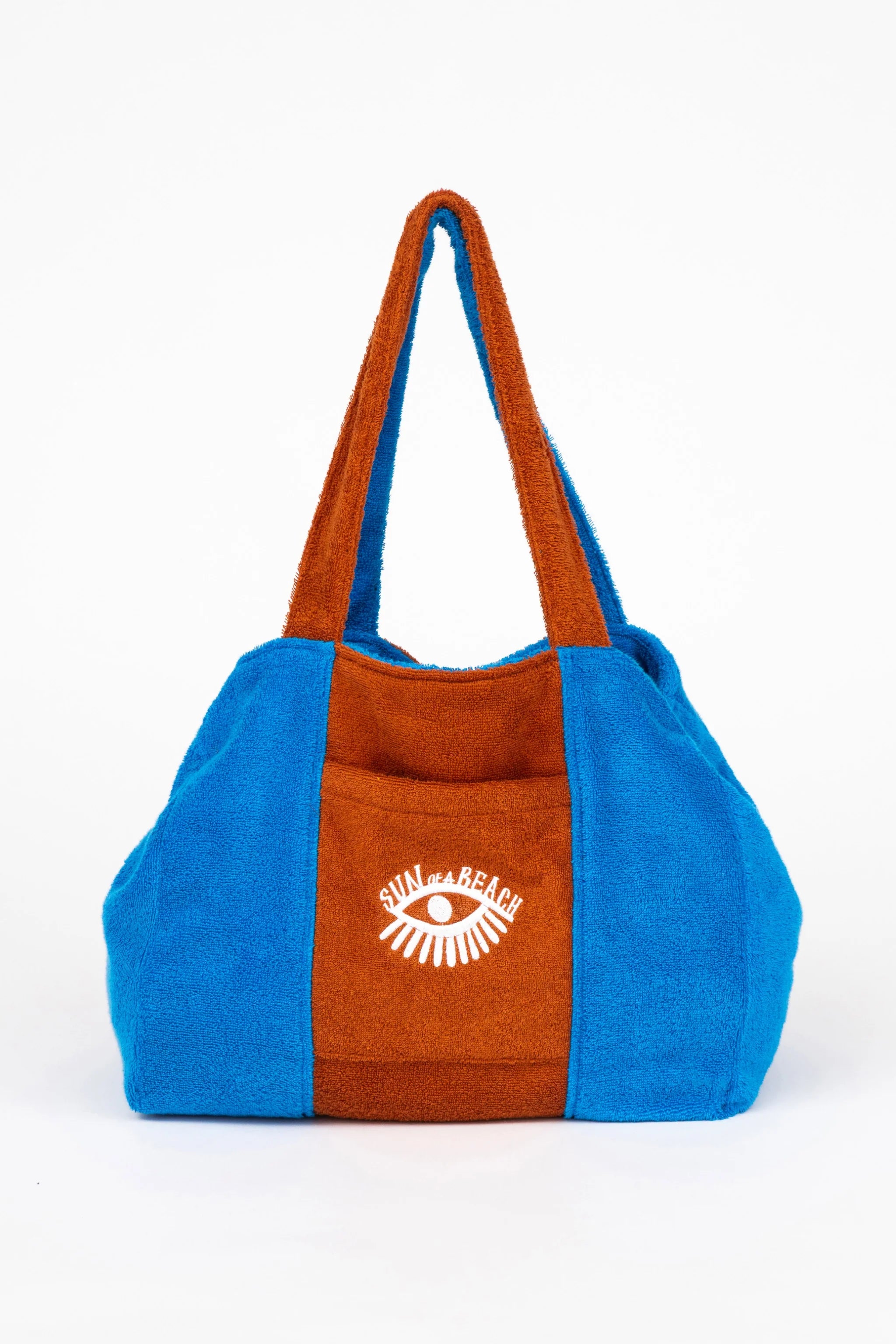 Blue and brown tote bag with a logo on a white background