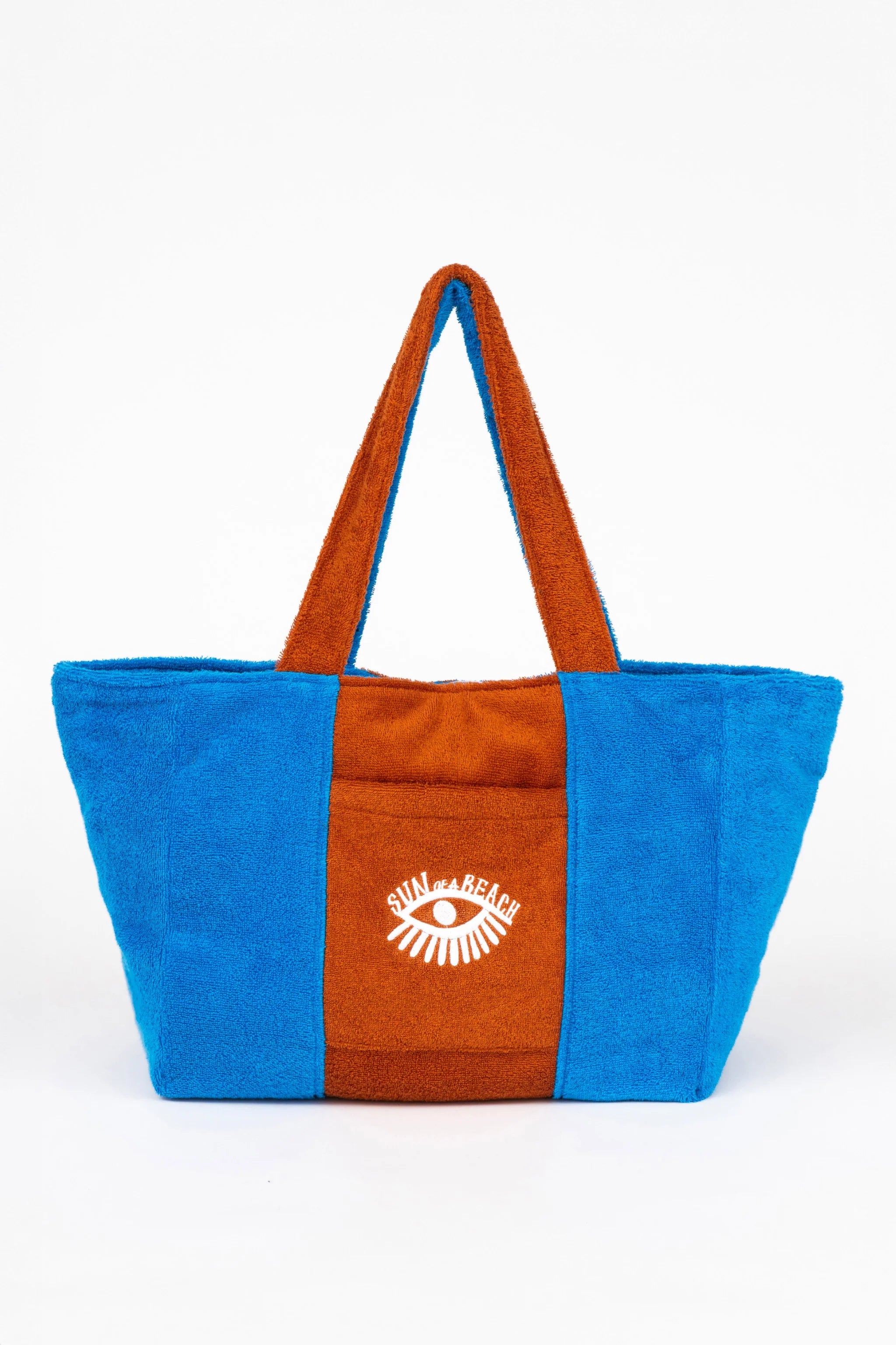 Blue and brown tote bag with a logo on a white background