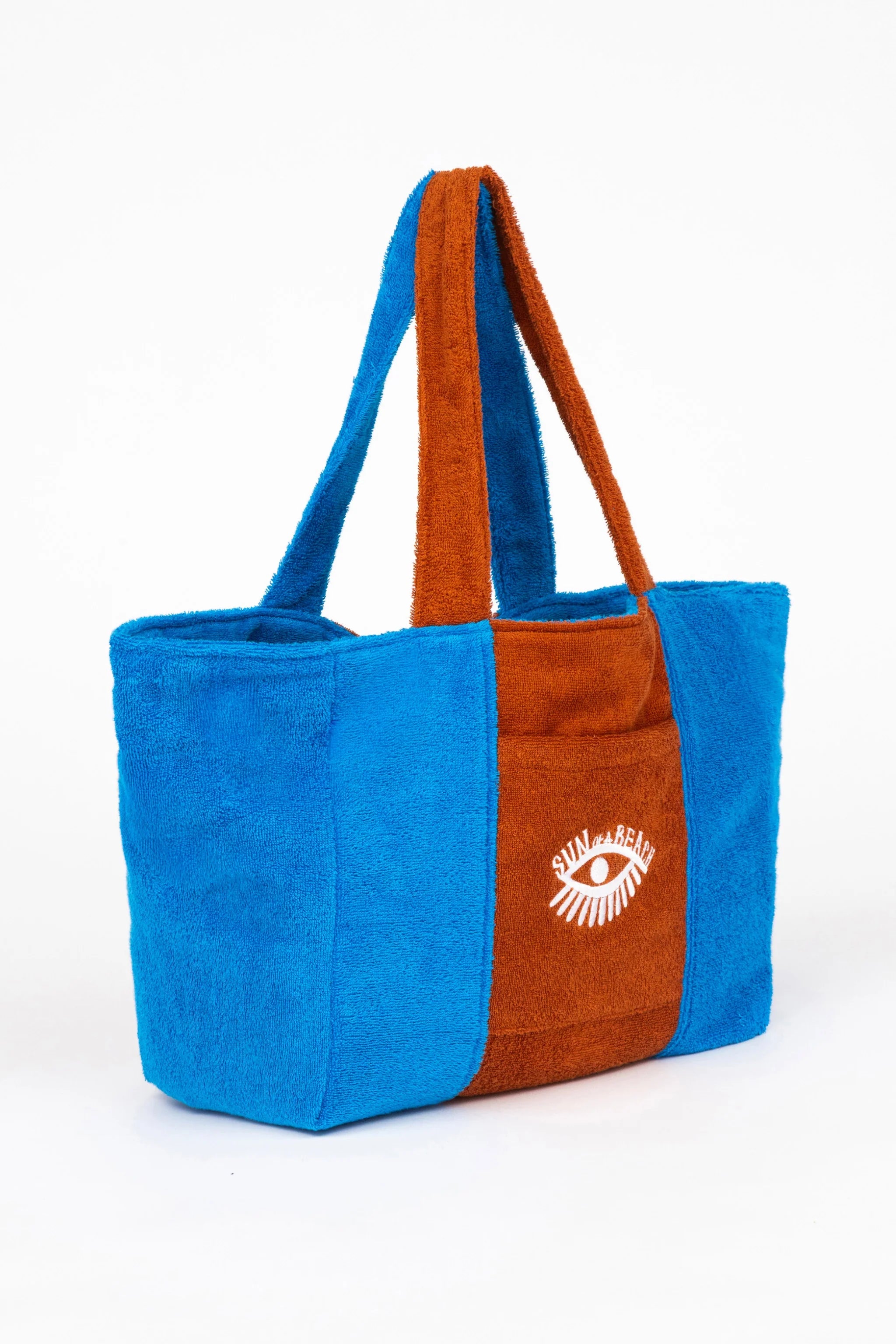 Blue and brown tote bag with a logo on a white background