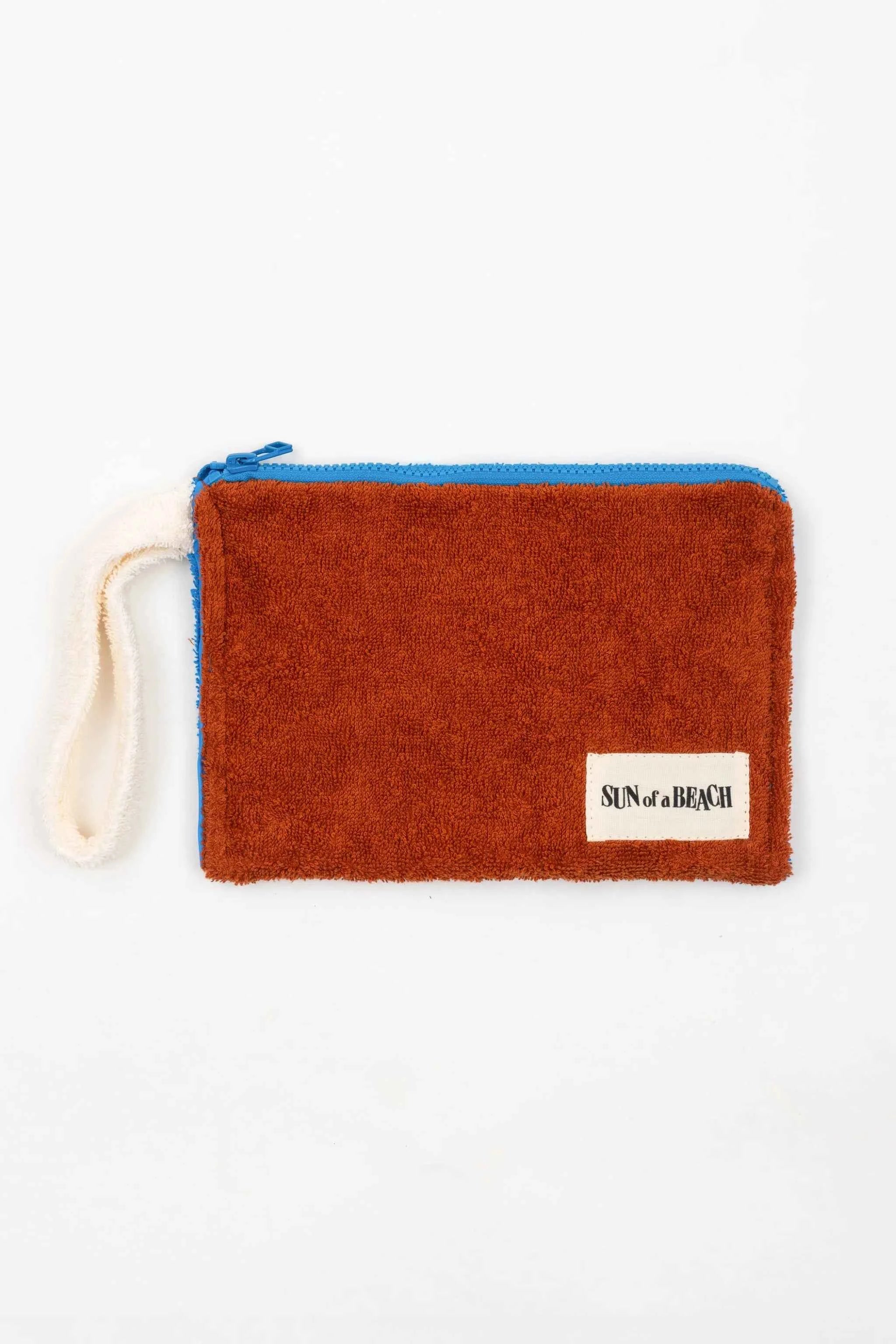 Brown pouch with blue zipper and 'Sun at a Beach' label on a white background