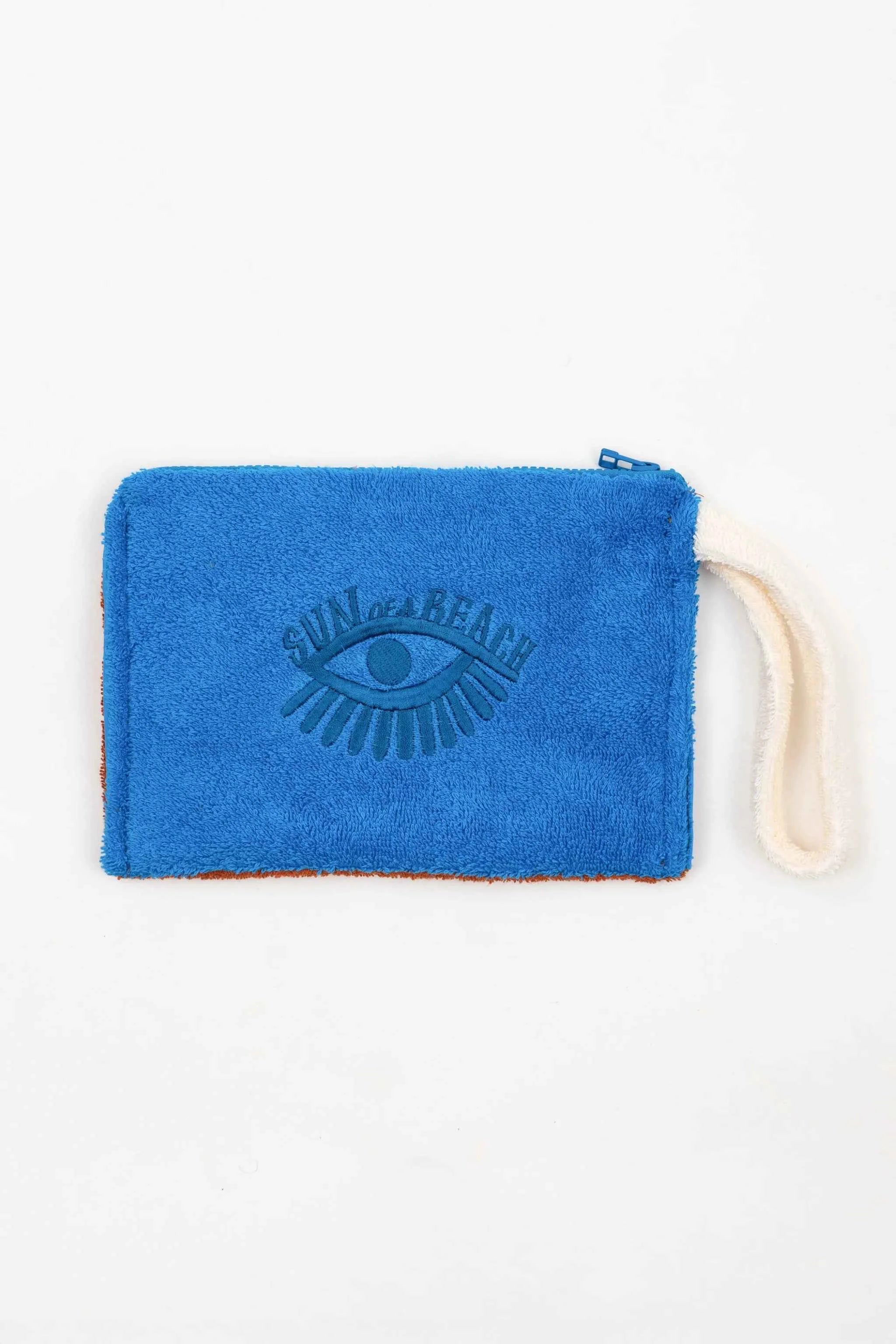 Blue pouch with an eye design on a white background