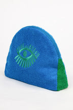 Blue and green eye-shaped object on a white background