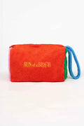 Red pouch with 'Sun of a Beach' text on a white background
