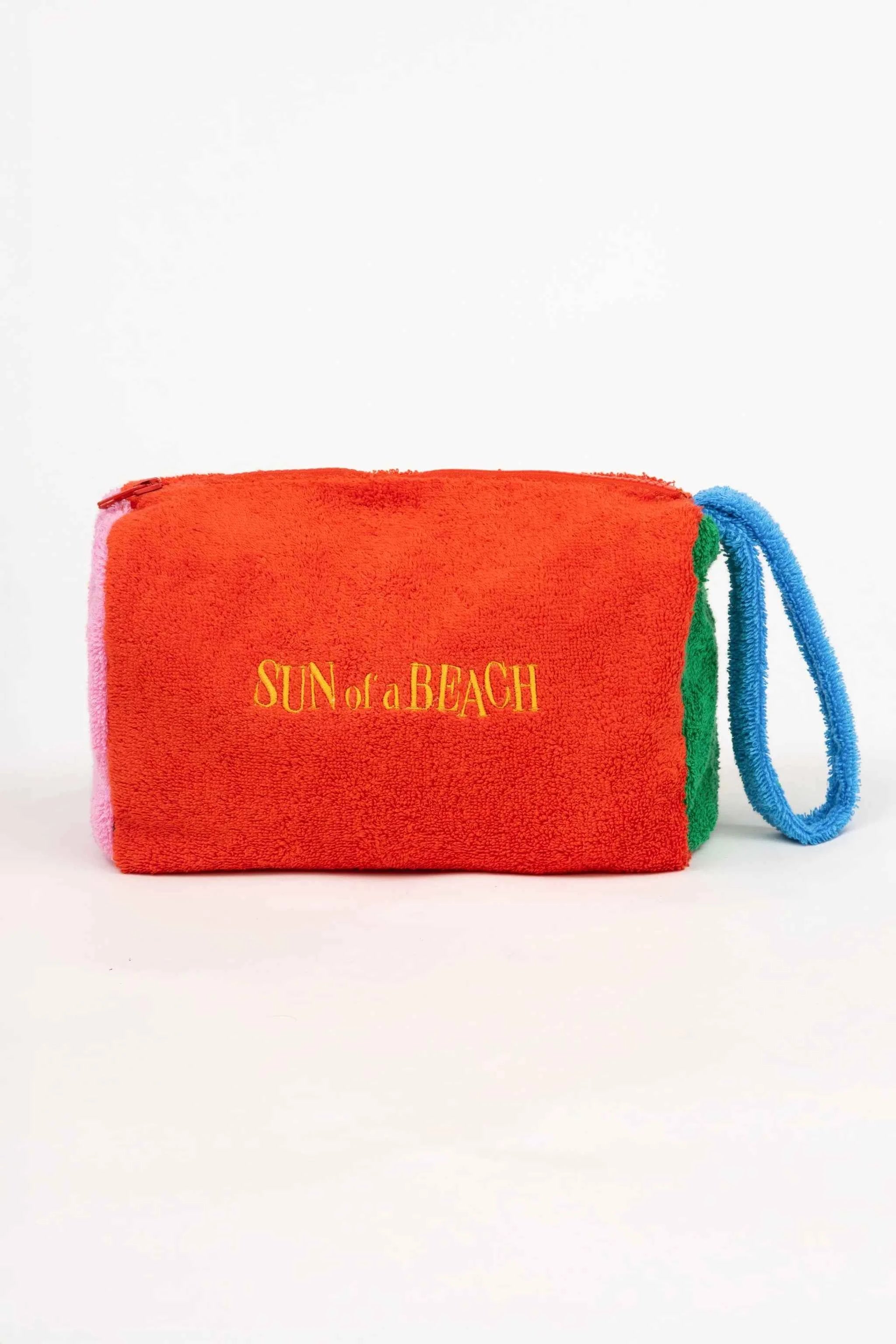 Red pouch with 'Sun of a Beach' text on a white background