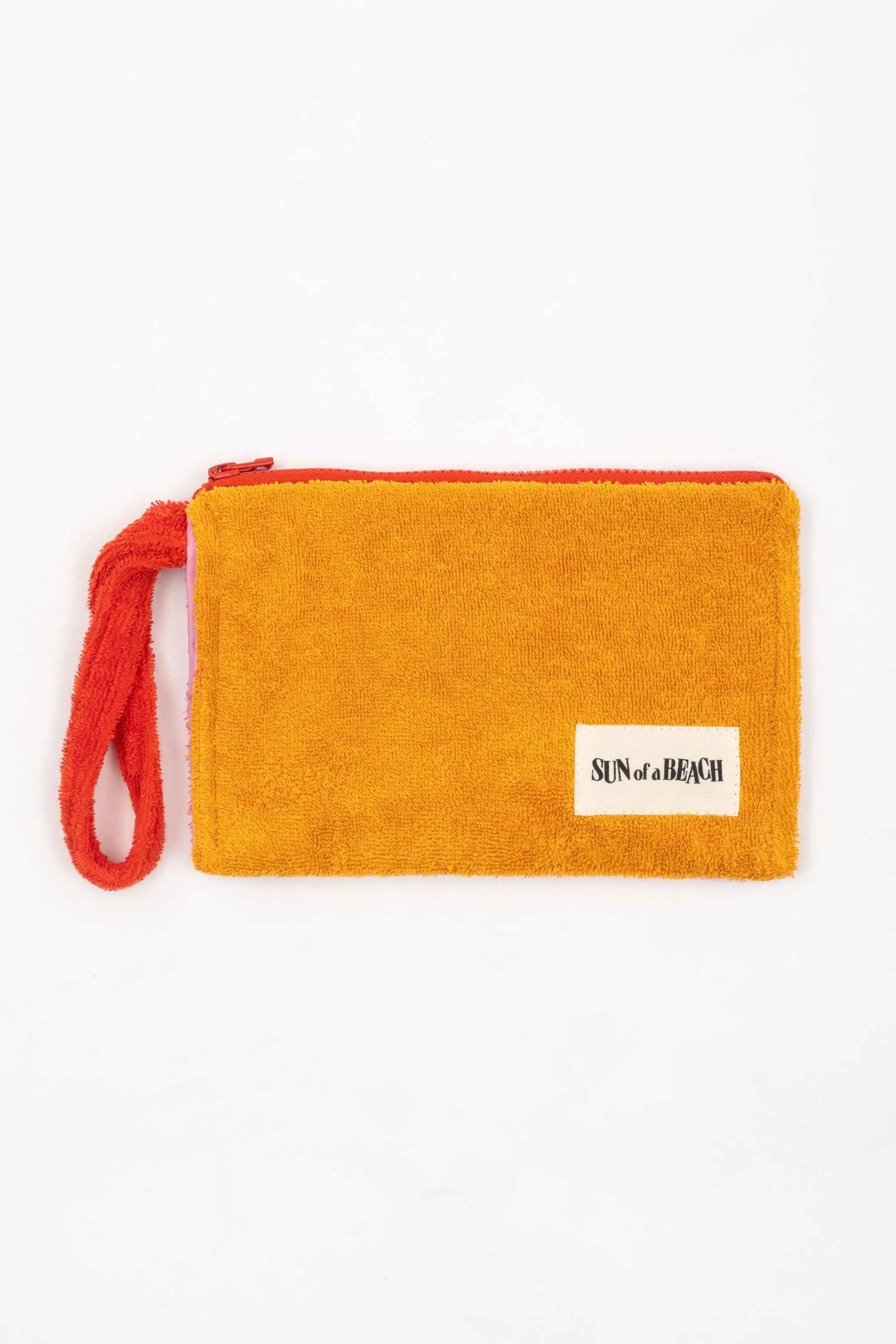 Yellow pouch with red strap and 'Sun at Beach' label on a white background