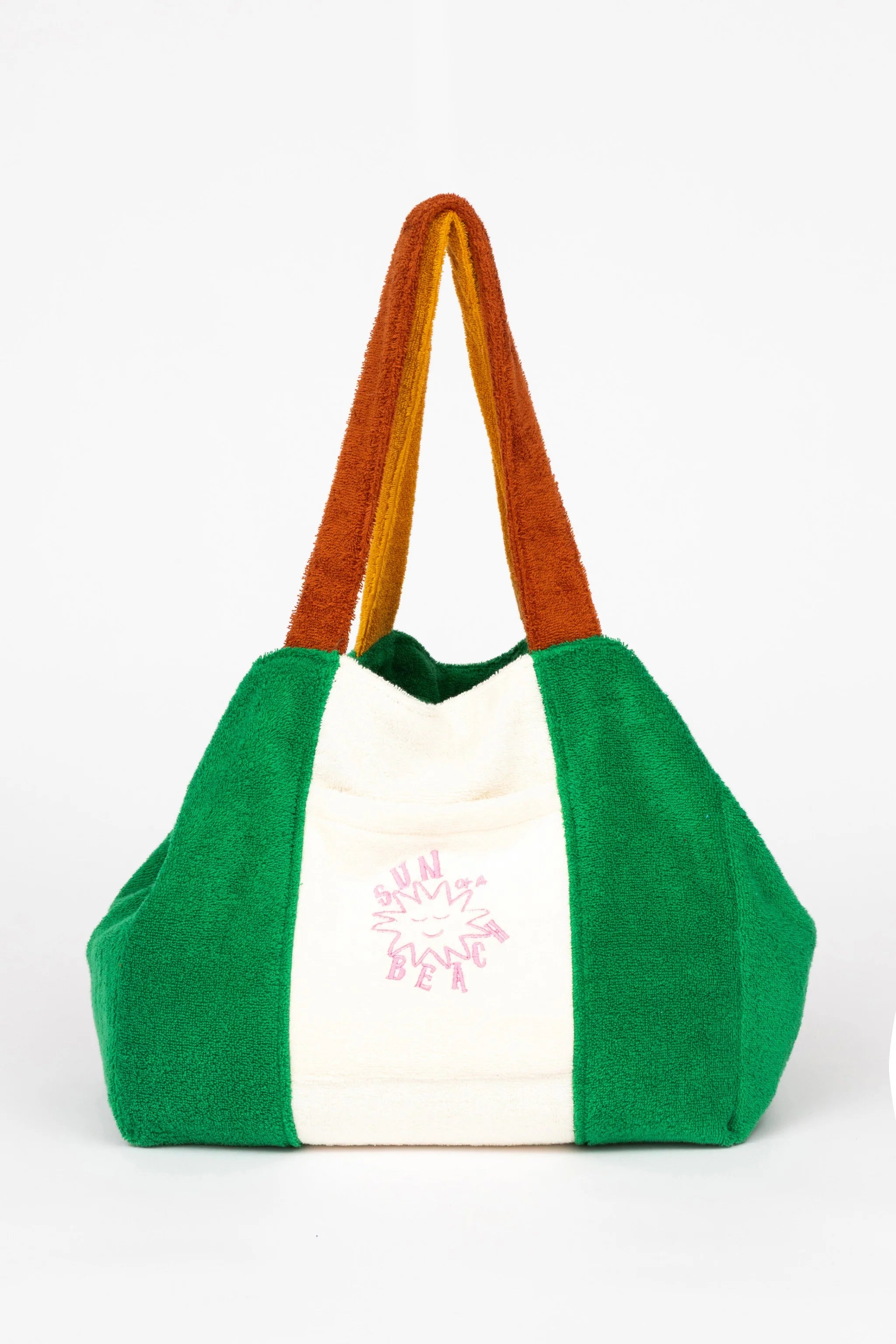 Green and white tote bag with brown handles on a white background