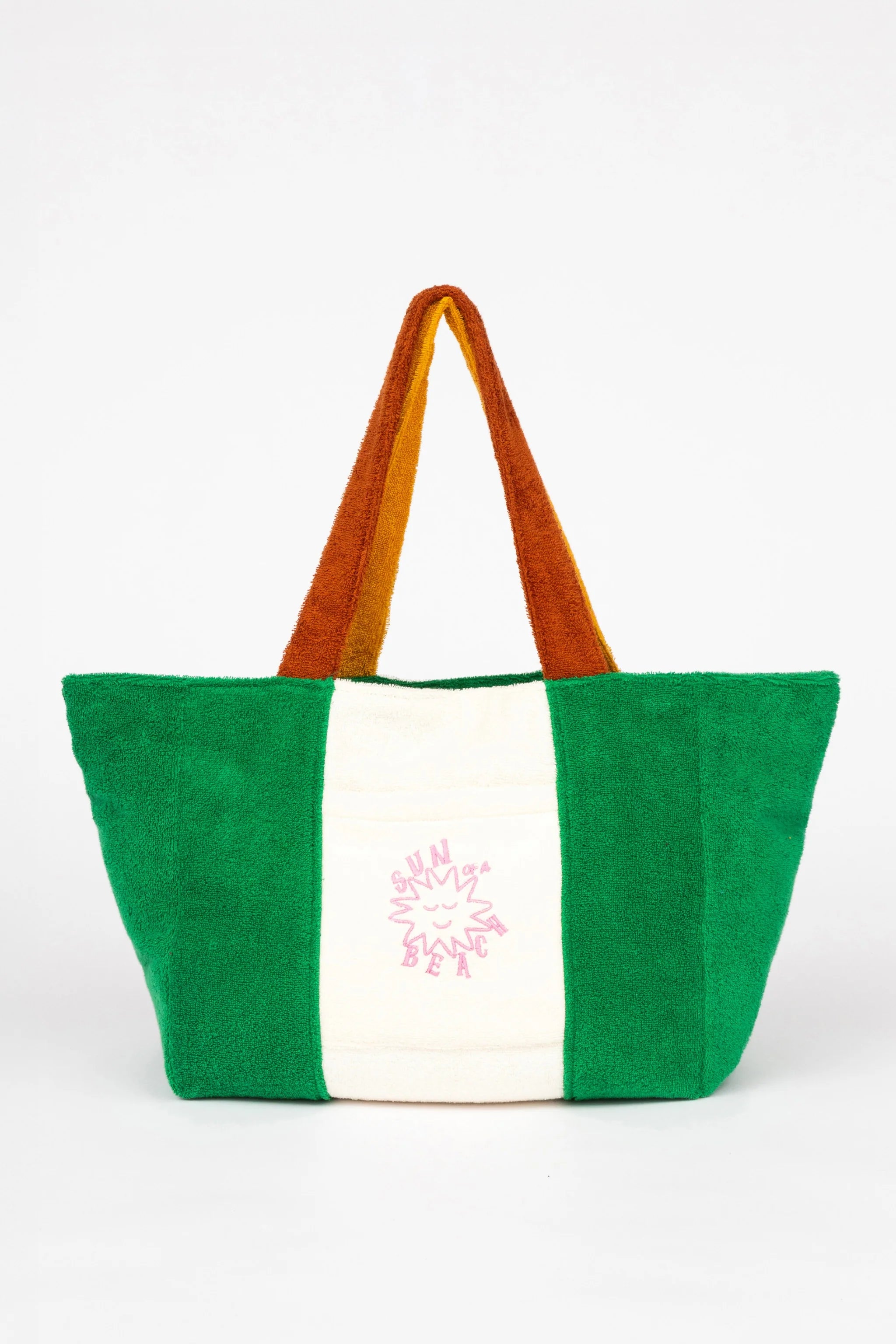 Green and white tote bag with brown handle on a white background