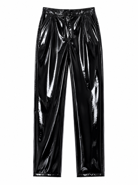 Black shiny faux-leather pants with a high waist and front pleats, shown against a plain white background.