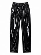 Black shiny faux-leather pants with a high waist and front pleats, shown against a plain white background.
