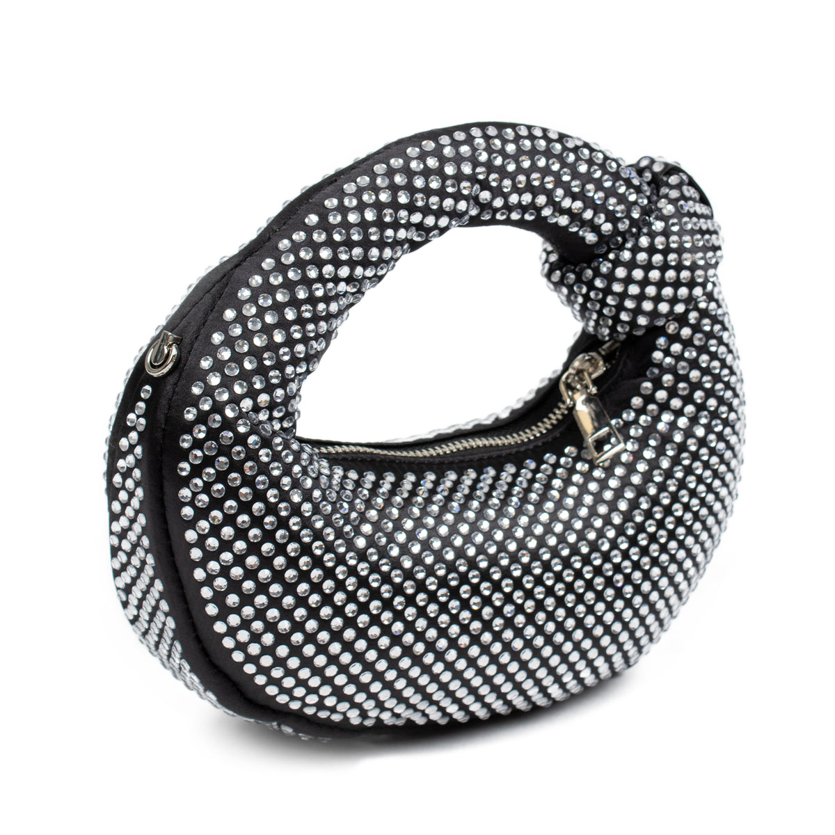 A black crescent-shaped shoulder bag covered in silver rhinestones, featuring a curved top handle and a zippered closure, shown on a plain white background.