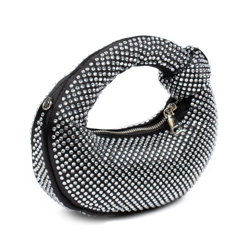 A black crescent-shaped shoulder bag covered in silver rhinestones, featuring a curved top handle and a zippered closure, shown on a plain white background.