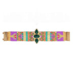 Colorful woven bracelet with a gold clasp on a white background