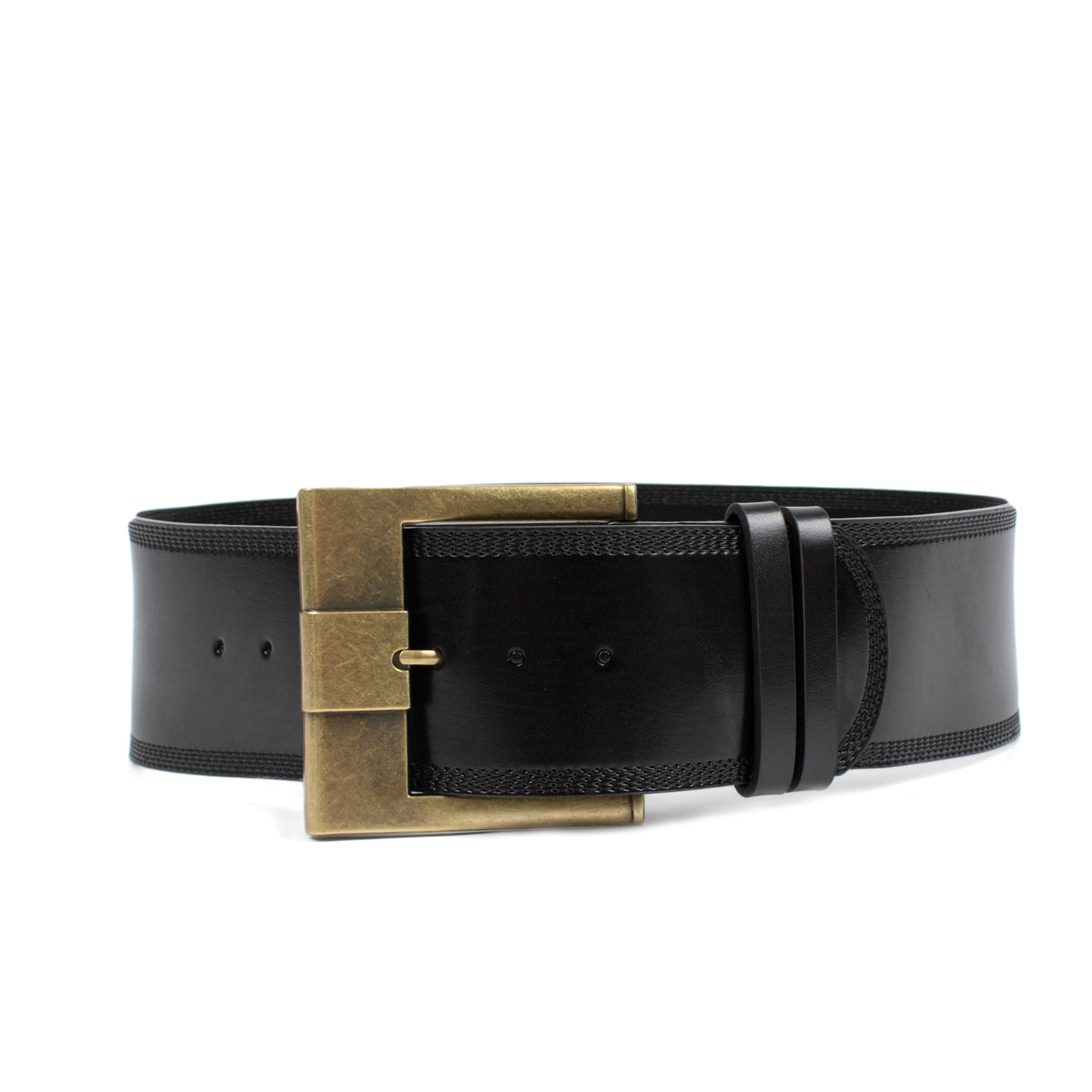 A black leather belt with a wide, rectangular antique bronze buckle, shown on a clean white background.