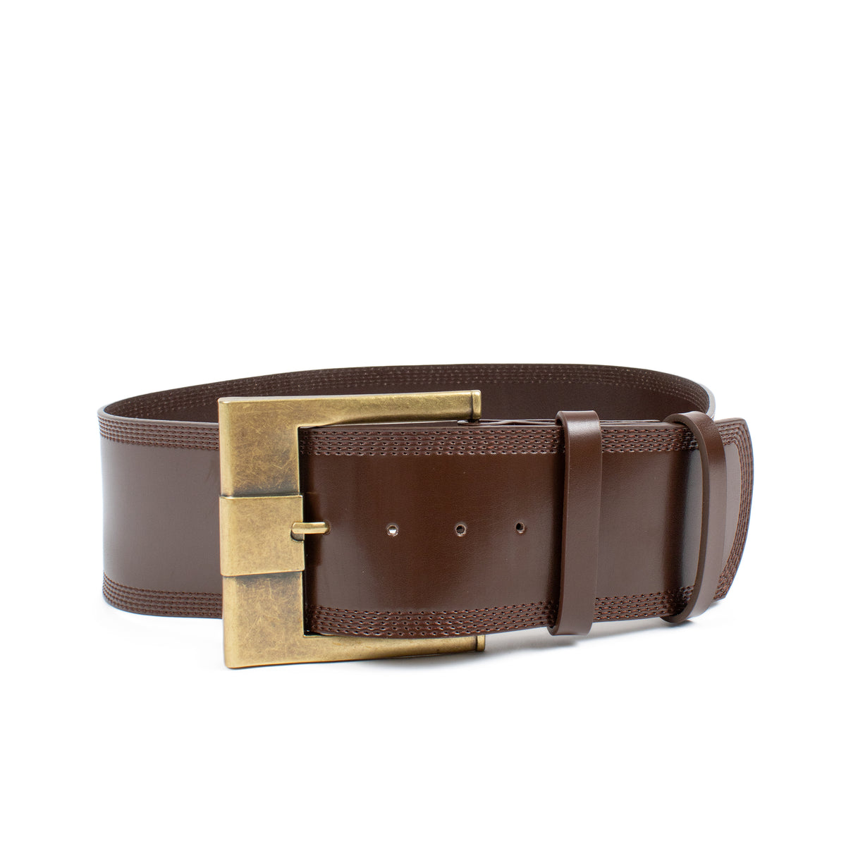 A dark brown leather belt with a wide, rectangular antique gold buckle, shown coiled on a plain white background.