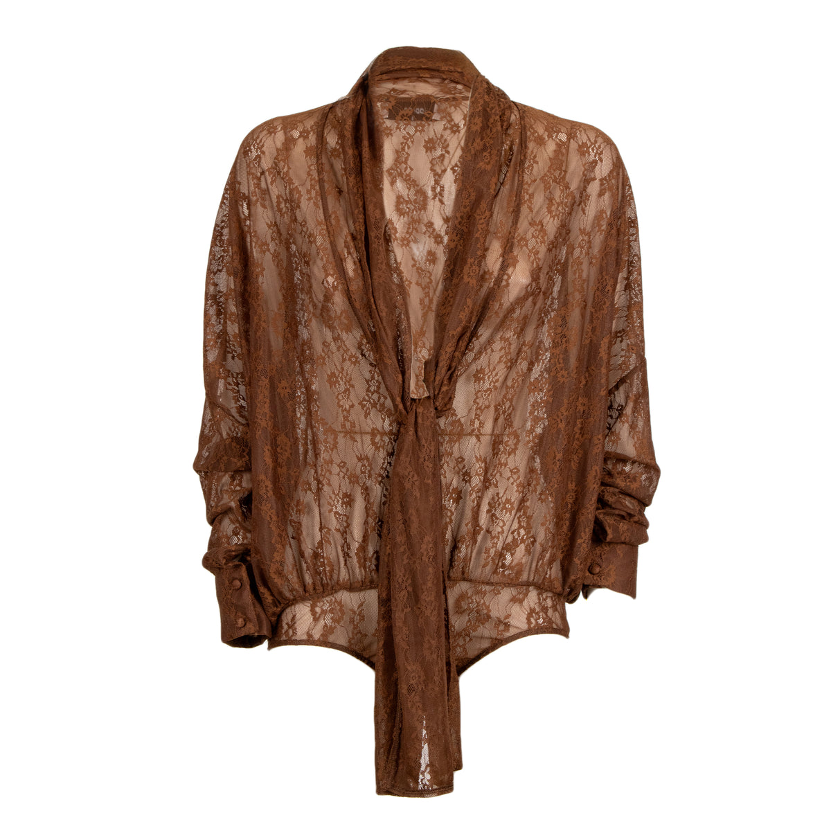 Odi Odi Oria brown sheer floral lace bodysuit with deep neckline, long neck ties and cuffed sleeves, front view