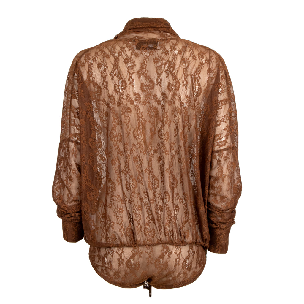 Odi Odi Oria brown sheer floral lace bodysuit with deep neckline, long neck ties and cuffed sleeves, back view