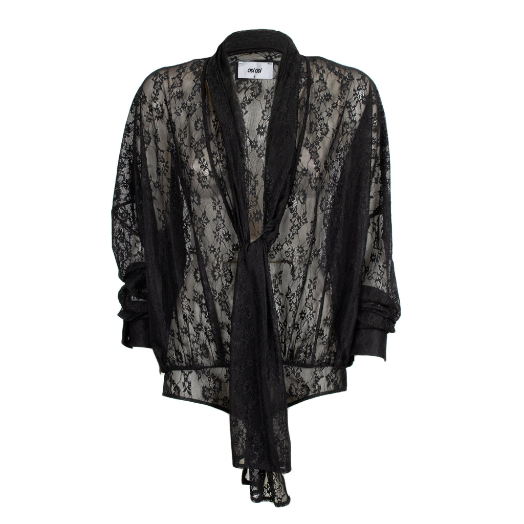 Odi Odi Oria black sheer floral lace bodysuit with deep neckline, long neck ties and cuffed sleeves, front view