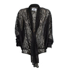 Odi Odi Oria black sheer floral lace bodysuit with deep neckline, long neck ties and cuffed sleeves, front view