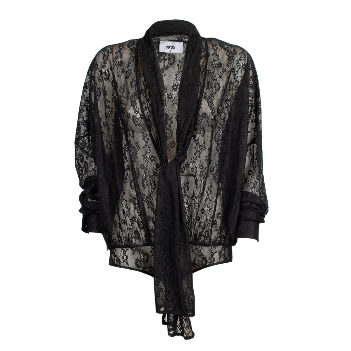 Odi Odi Oria black sheer floral lace bodysuit with deep neckline, long neck ties and cuffed sleeves, front view