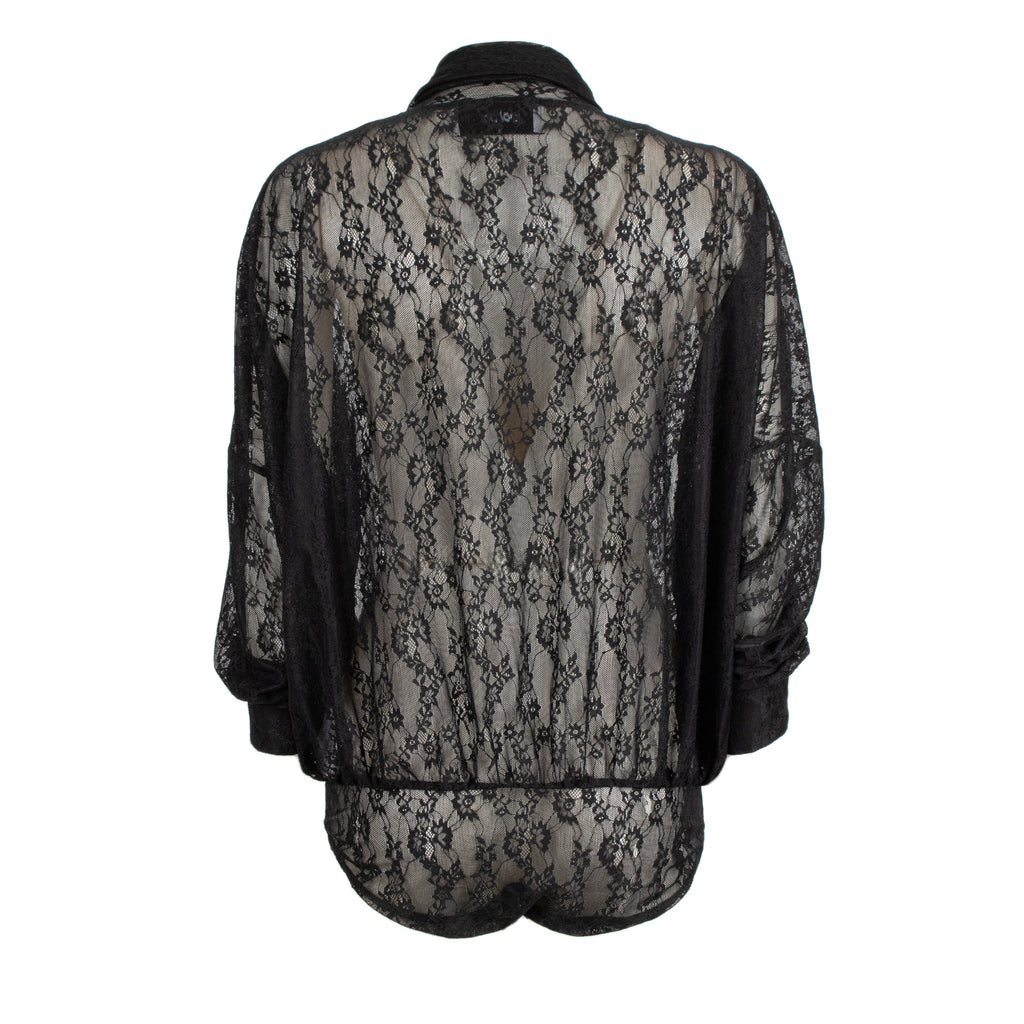 Odi Odi Oria black sheer floral lace bodysuit with deep neckline, long neck ties and cuffed sleeves, back view