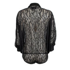 Odi Odi Oria black sheer floral lace bodysuit with deep neckline, long neck ties and cuffed sleeves, back view