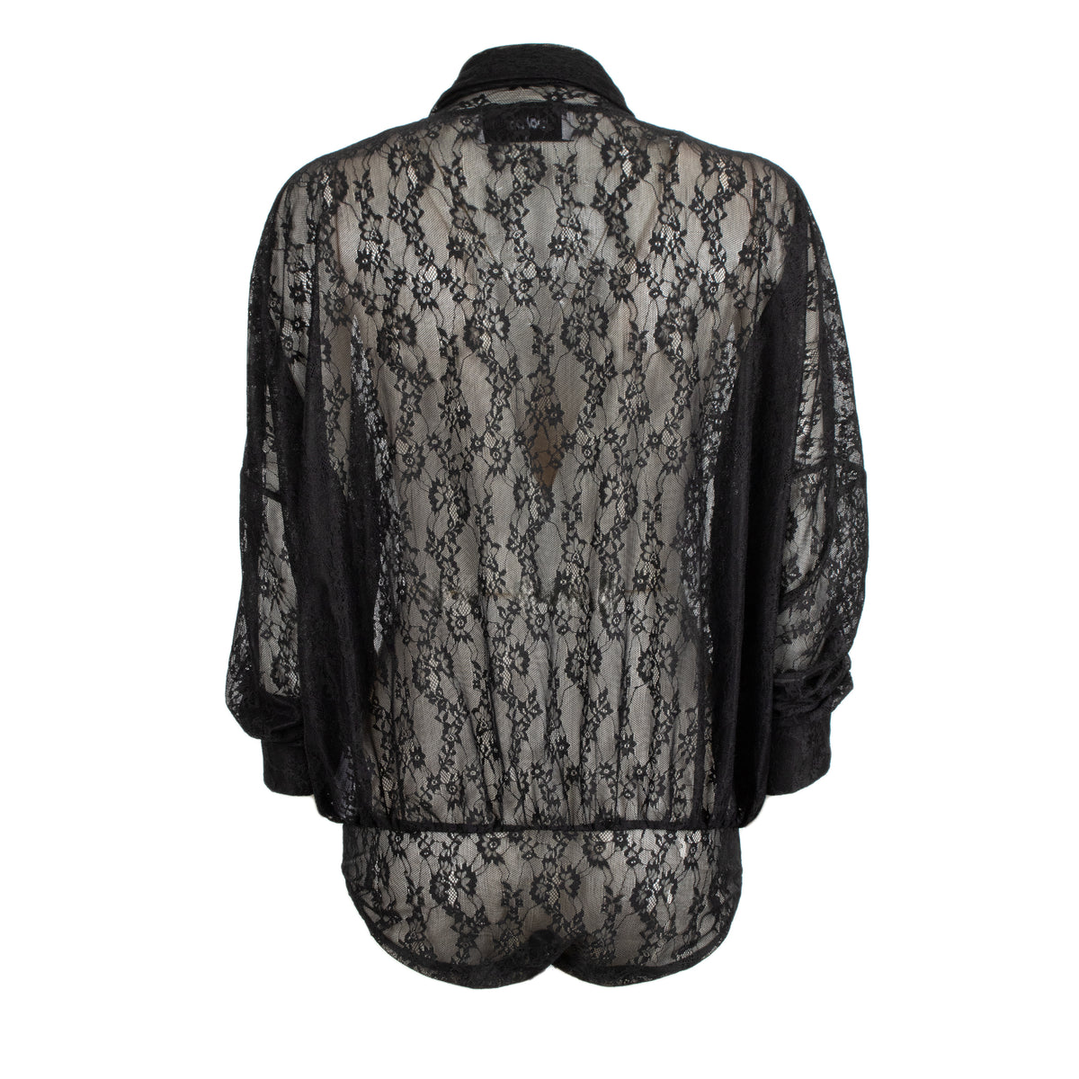 Odi Odi Oria black sheer floral lace bodysuit with deep neckline, long neck ties and cuffed sleeves, back view