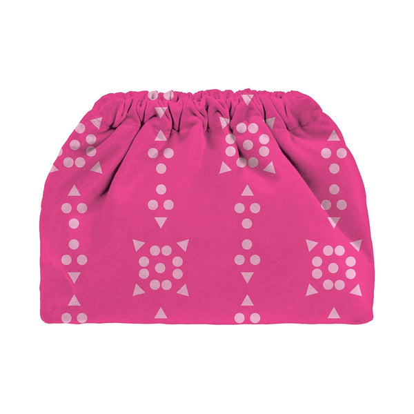 Pink drawstring bag with white geometric pattern on a white background